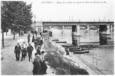 Asnières, rives de la Seine et le pont ferroviaire, vers 1900